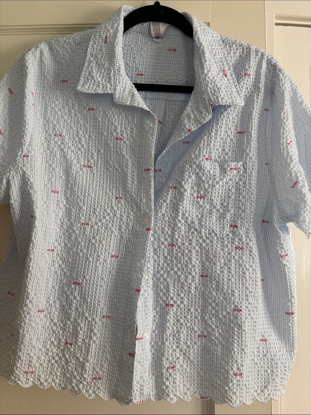Auden Blue Seersucker Fish Embroidery Set, L/M